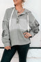 Waffle Knit Stripe Patchwork Henley Drawstring Hood Drop Shoulder Long Sleeve Top